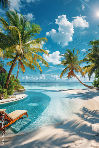 A gorgeous tropical beach resort with a swimming pool and sun loungers on a white sandy beach. Blue sky and palm trees Beautiful scenery of a luxurious summer vacation.