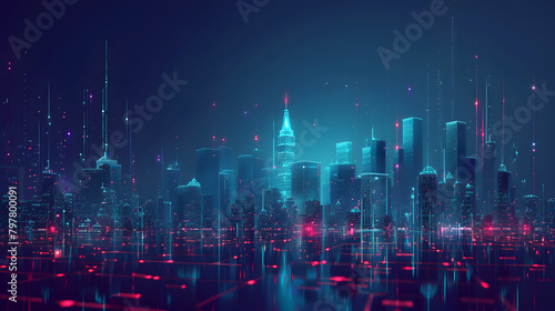 Digital cityscape with holographic buildings and glowing lines representing data. symbolizing the integration of technology in urban life © Oleksandr