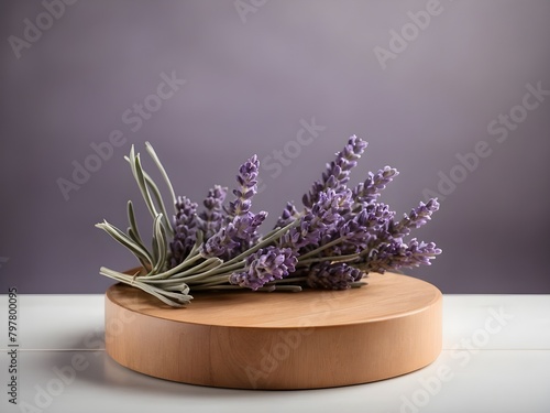 Wooden product display podium with blurred lavender flower and white background. Ai Generative.