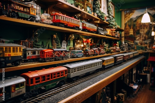 A Charming Toy Train Store with Vintage Decor, Wooden Shelves Filled with Colorful Trains, and a Miniature Railway on Display photo