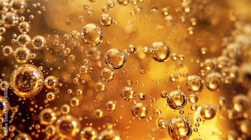 Macro shot of effervescent bubbles ascending in a beer glass.