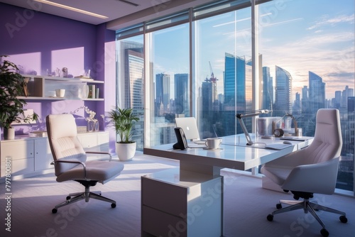A Sophisticated Lilac Office Space with Modern Furniture, Large Windows Overlooking the City, and Stylish Decorative Elements © aicandy