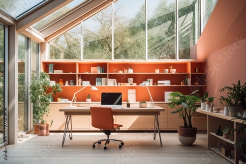 A Bright and Spacious Coral Tidy Office with Modern Furniture  Large Windows Letting in Natural Light  and Organized Workspace