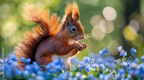 A red squirrel perches on a meadow with a nut in its paws. The squirrel has fluffy fur and a bushy tail. The meadow is covered in blue wildflowers.