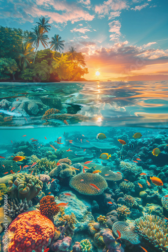 Selective focus of Colorful coral reefs and tropical islands at sunset Underwater landscape with fish in sea water.