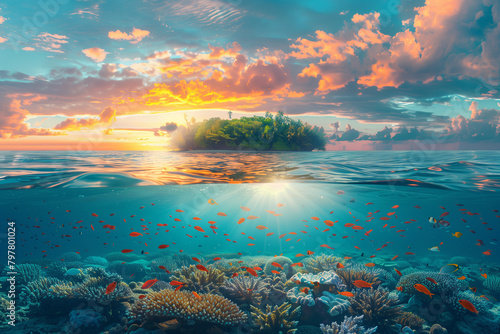 Selective focus of Colorful coral reefs and tropical islands at sunset Underwater landscape with fish in sea water. © S photographer