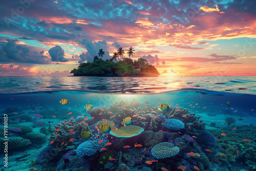 Selective focus of Colorful coral reefs and tropical islands at sunset Underwater landscape with fish in sea water.