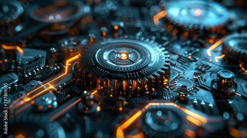 Detailed view of a complex motherboard with illuminated circuits and central processor unit. Abstract Technology Background