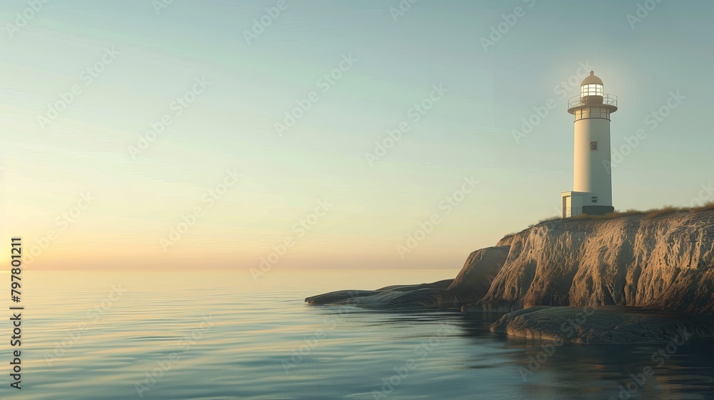 A lighthouse stands proudly on a cliff, its light shining out to sea. The sky is clear and the water is calm.