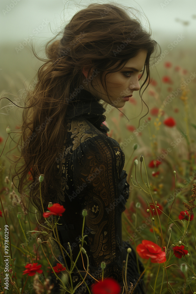 Naklejka premium Thoughtful woman stands in a field of crimson poppies, creating a feeling of wistful reminiscence