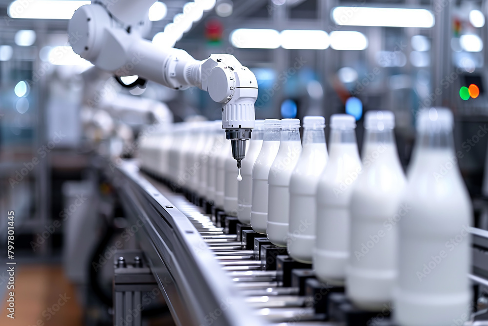 Selective focus of A robot arm in a dairy factory is picking up a stack of white glass bottles filled with fresh pasteurized milk. Selective focus of A robot arm in a dairy factory is picking up a stack of white glass bottles filled with fresh pasteurized milk.