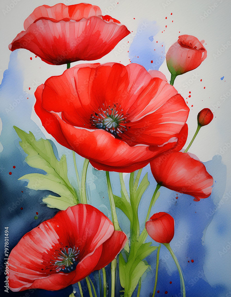 Obraz premium Watercolor illustration of red poppies. Wild flower. Beautiful nature. Hand drawn art