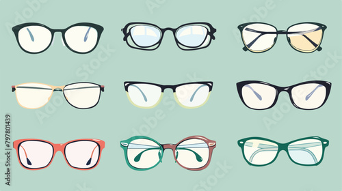 Different new eyeglasses on pale turquoise background