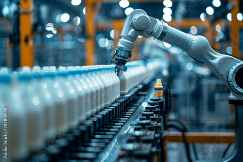 Selective focus of A robot arm in a dairy factory is picking up a stack of white glass bottles filled with fresh pasteurized milk.