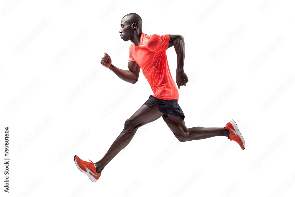 A man in a vibrant red shirt and black shorts runs energetically