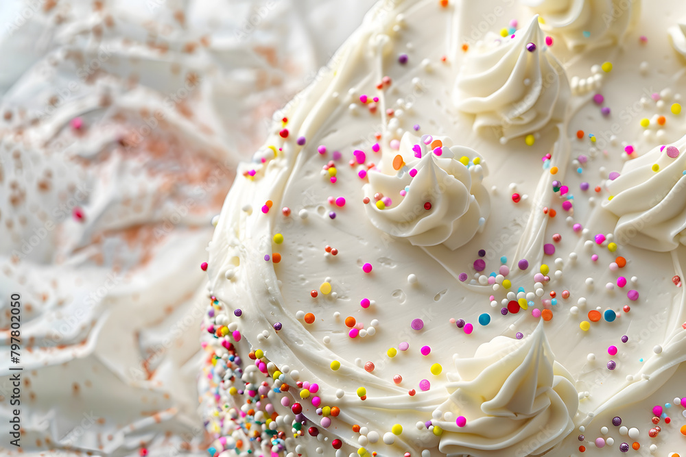 A white frosted cake with sprinkles on it. The cake is decorated with a lot of sprinkles and has a very colorful and festive appearance A white frosted cake with sprinkles on it. The cake is decorated with a lot of sprinkles and has a very colorful and festive appearance