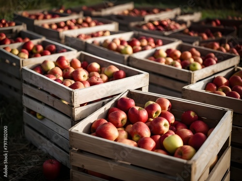 Wooden crates full of red ripe apples after harvest on apple farm  ready for apple juice press. Ecological agriculture concept.