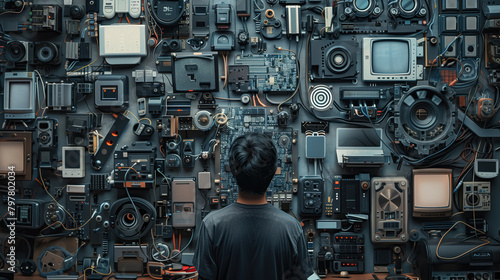 The electric archivist. Man surrounded by a towering wall of dusty old electronics, gazing in wonder at the relics of technological history