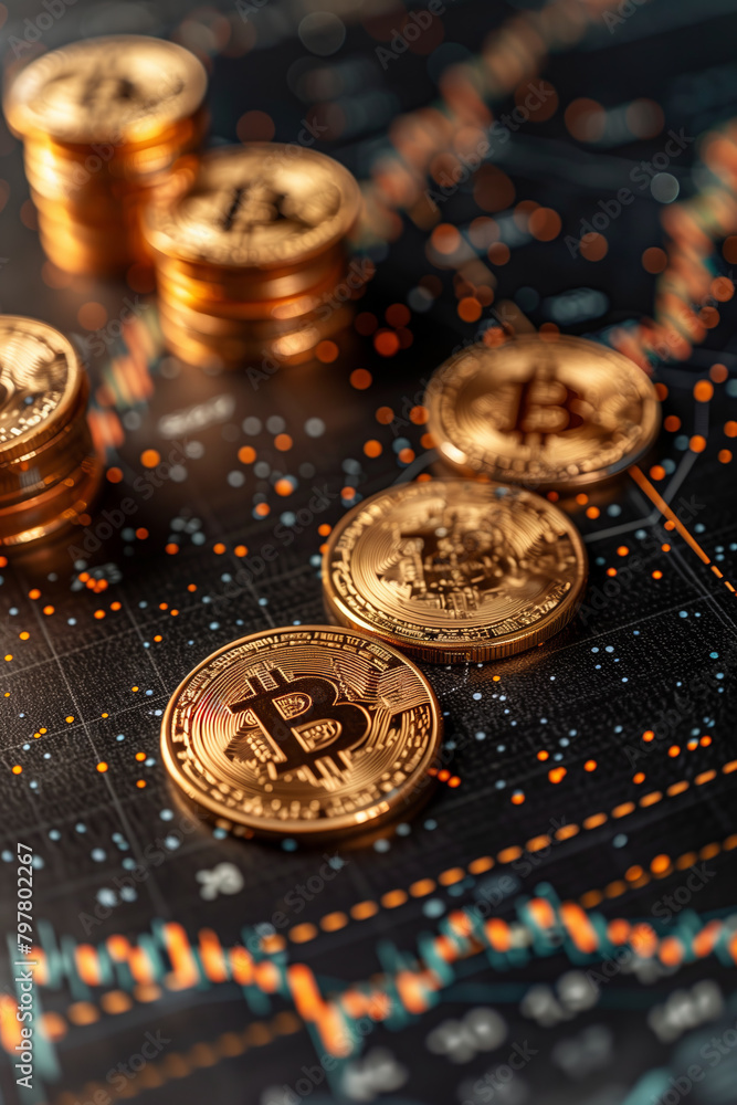 Selective focus of 3D rendering of a golden bitcoin coin on a background. Selective focus of 3D rendering of a golden bitcoin coin on a background.