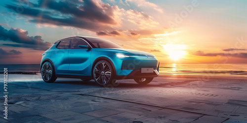 Blue compact SUV car with sport and modern design parked on concrete road by sea beach at sunset. New shiny SUV car drive for travel on summer vacations with road trip. Front view of electric car 4k 