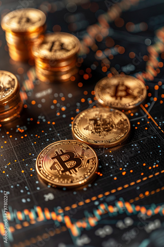 Selective focus of 3D rendering of a golden bitcoin coin on a background.