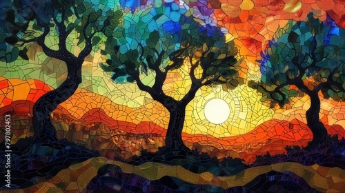 Spanish nature Mosaic, spain motive, olive trees, Stained Glass Illusion 