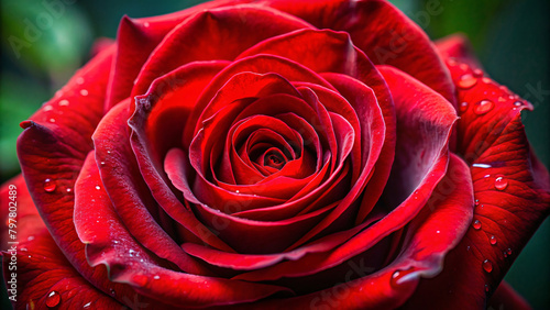 Closeup of beautiful red rose with water droplets, showcasing nature's beauty and romance photo