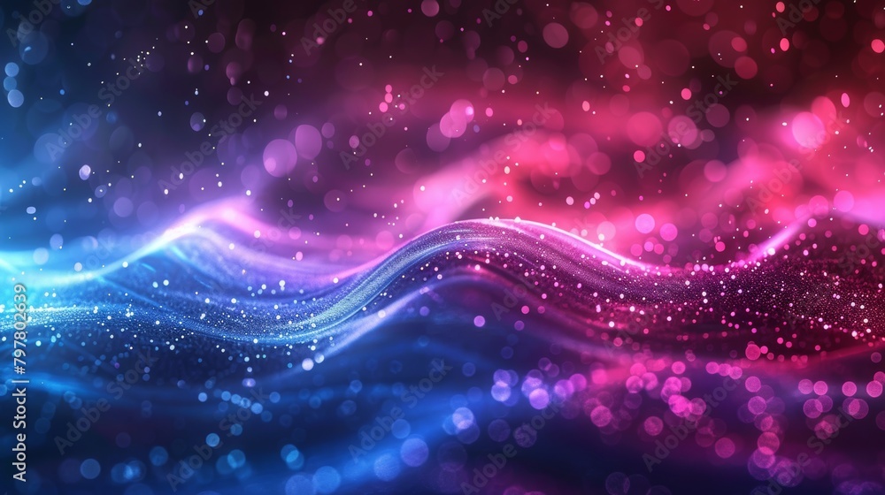 Abstract energy waves with particles in a spectrum of magenta and blue hues. Abstract Technology Background