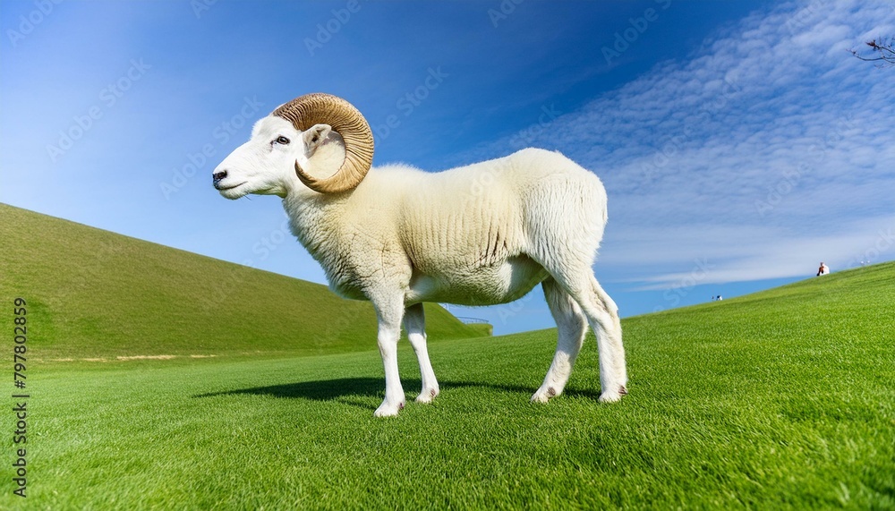 Obraz premium Full body view of a furry large male ram, standing on a green grass field