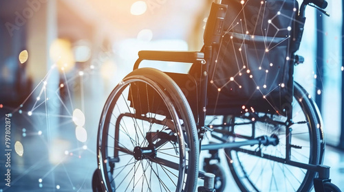 An empty wheelchair positioned in front of a window within a room, casting shadows as light streams in from outside