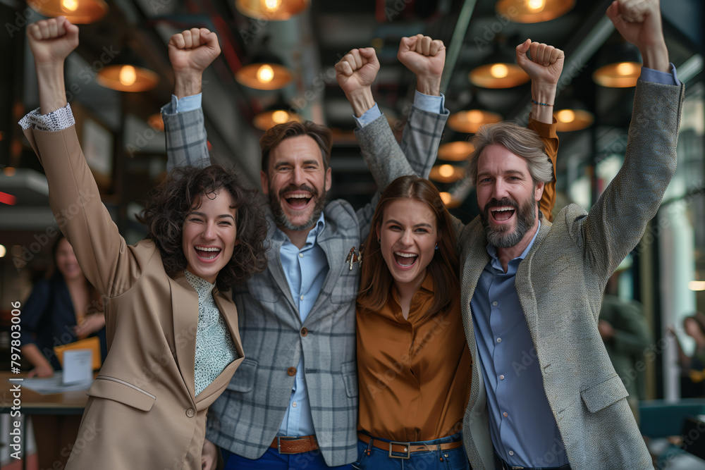 Caucasian business team Celebrate success by raising your arms in the office. Caucasian business team Celebrate success by raising your arms in the office.
