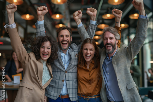 Caucasian business team Celebrate success by raising your arms in the office. © S photographer