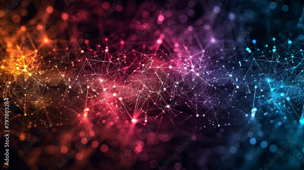 Vivid digital mesh network with bokeh lights and dynamic connectivity. Abstract Technology Background Vivid digital mesh network with bokeh lights and dynamic connectivity. Abstract Technology Background