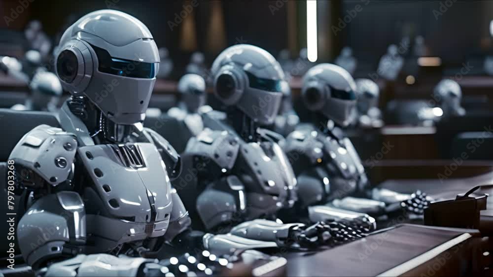 Courtroom scene with AI as judge and jury, making decisions, algorithmic law focus Courtroom scene with AI as judge and jury, making decisions, algorithmic law focus