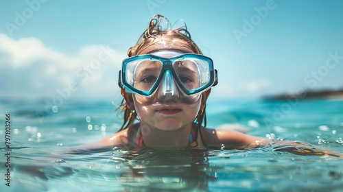 A playful little girl in a swimsuit enjoys the water at the beach, wearing a mask and snorkel for snorkeling fun.