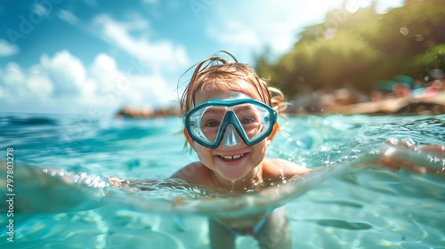 A playful little girl in a swimsuit enjoys the water at the beach, wearing a mask and snorkel for snorkeling fun. © Suleyman