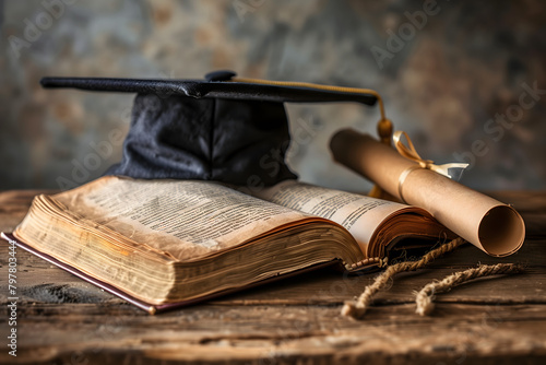 A black graduation cap sitting on top of an open book. A brown scroll lies besides it photo
