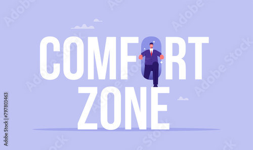 Self development and motivation for progress step into a new experience concept, businessman climbing out from the comfort zone
