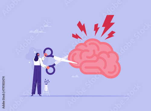 Stress elimination from busy work or toxic environment concept, changing behavior for better mental health, overworked woman cutting stress with scissors