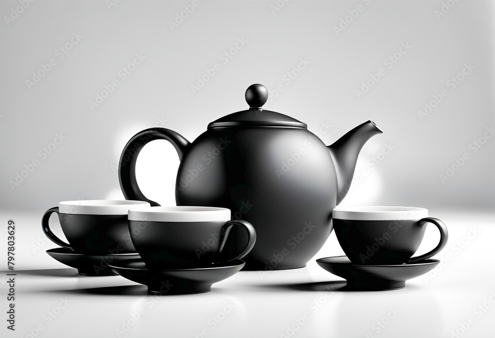 Set of teapot and cups in black color with white border color in the cups. Ceramic material. White background. Set of teapot and cups in black color with white border color in the cups. Ceramic material. White background.