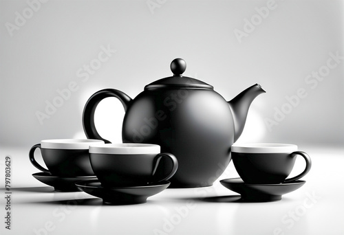 Set of teapot and cups in black color with white border color in the cups. Ceramic material. White background. 