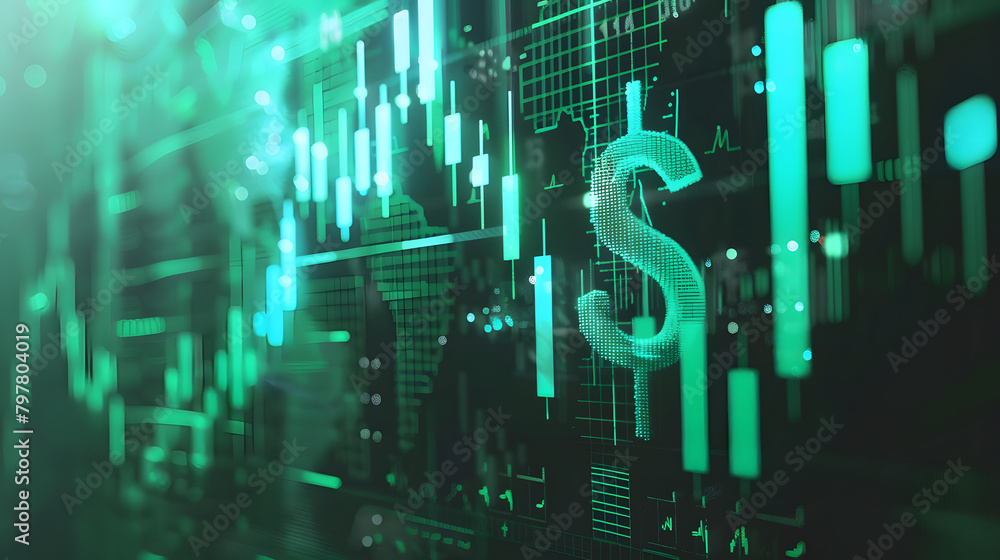 Digital setting with stock market diagrams and charts on the right. a dollar sign in the forefront Digital setting with stock market diagrams and charts on the right. a dollar sign in the forefront
