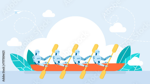 Synchronous work of Artificial Intelligence. Coordination. Group of robots humanoid rowing a boat. Robotic technology teamwork success strategy leadership concept. Vector illustration