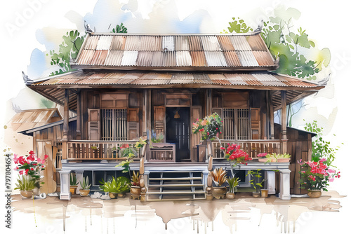 Watercolor painting of a Thai style wooden house in a garden.