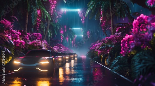 Cars driving on a wet road with pink flowers photo
