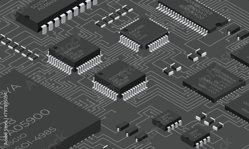 Isometric electronic board. Isometric printed circuit board with electronic components. Electronic components and integrated circuit board