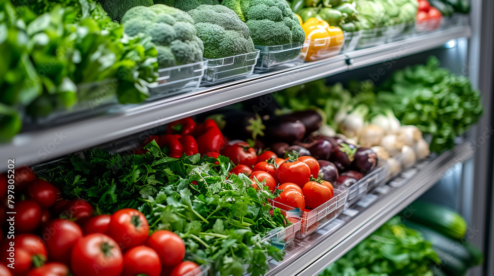 vegetables on cold storage shelves in a grocery market 
