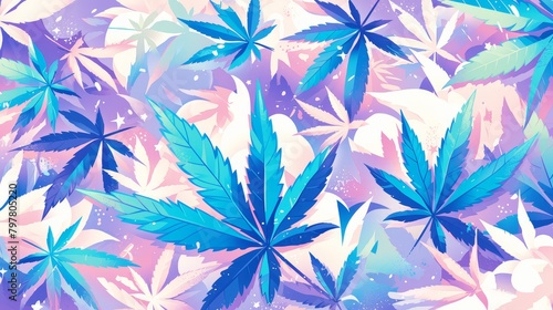 Cannabis leaf surrounded by cartoon psychedelic clouds