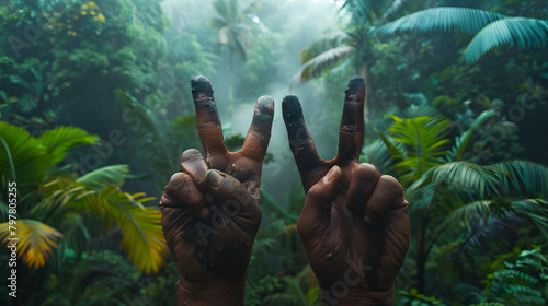 Fingers forming a peace sign with the rainforest behind.  photo