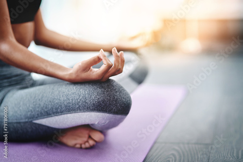 Hands  girl and meditation in yoga class with closeup of lotus pose for energy flow and spiritual growth with mindfulness. Woman  calm and peace for mental health  zen and exercise for stress relief.